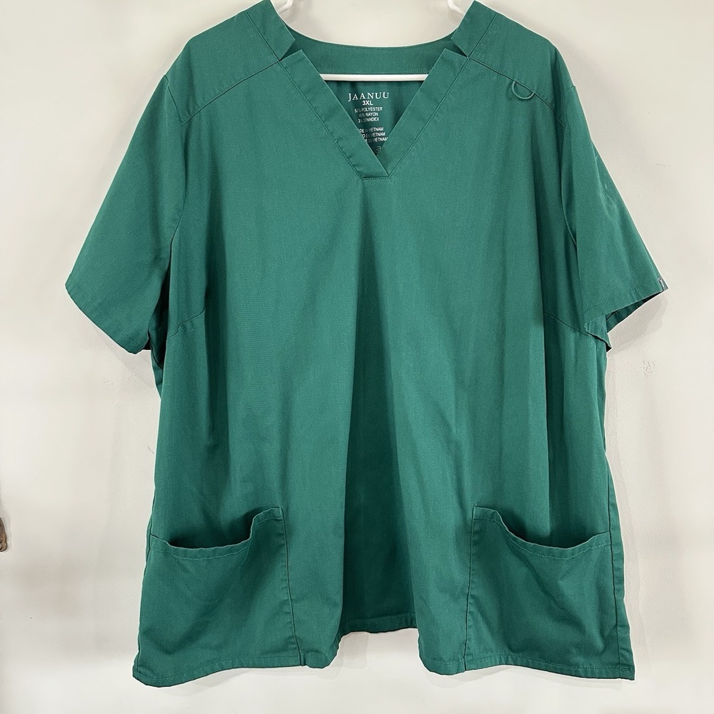 Women's Jaanuu Scrub Top Plus 3X Hunter Green V Neck Rayon Spandex Pockets